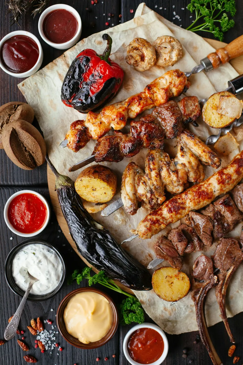 Grilled meat and vegetables served at a restaurant