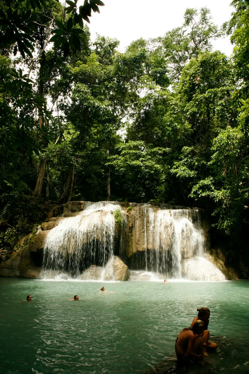 Waterfalls cascading through green forest