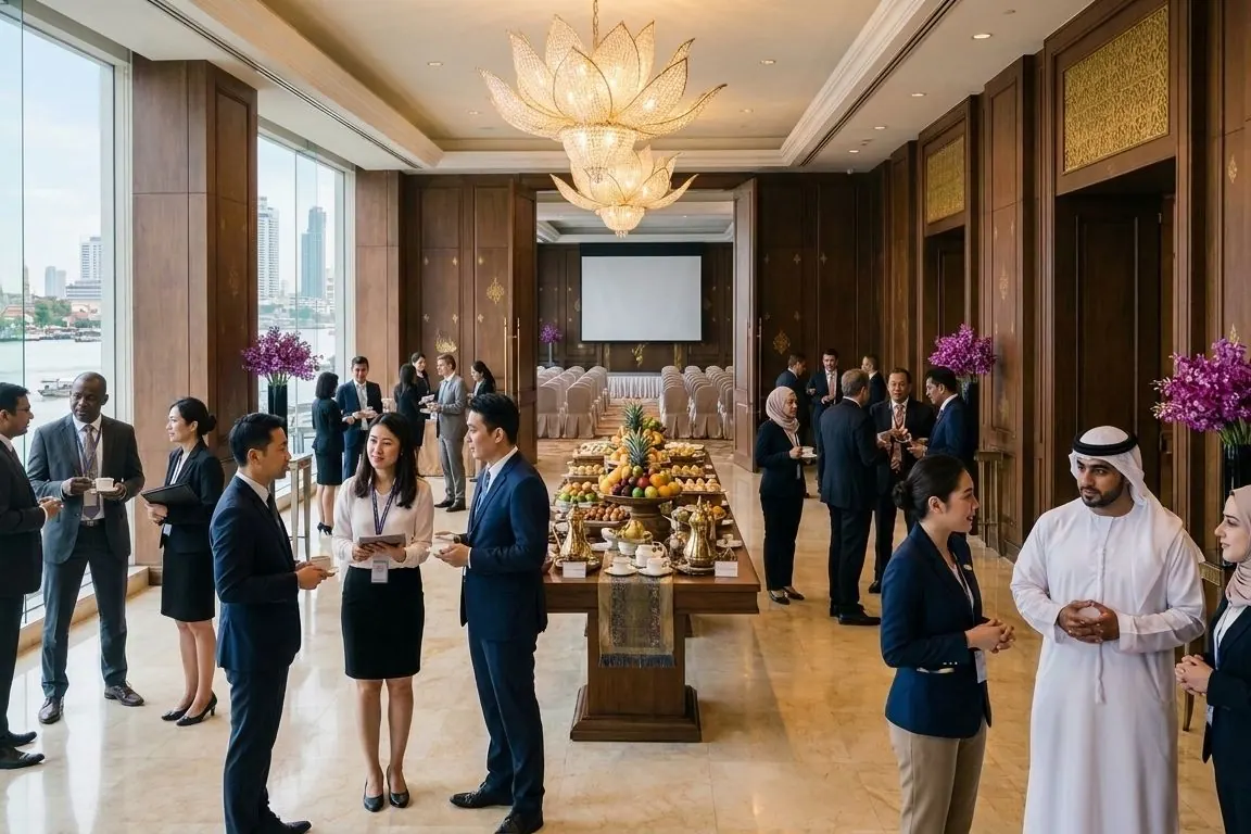 International delegates talk during a coffee break at a conference venue overlooking the Chao Phraya River in Bangkok.