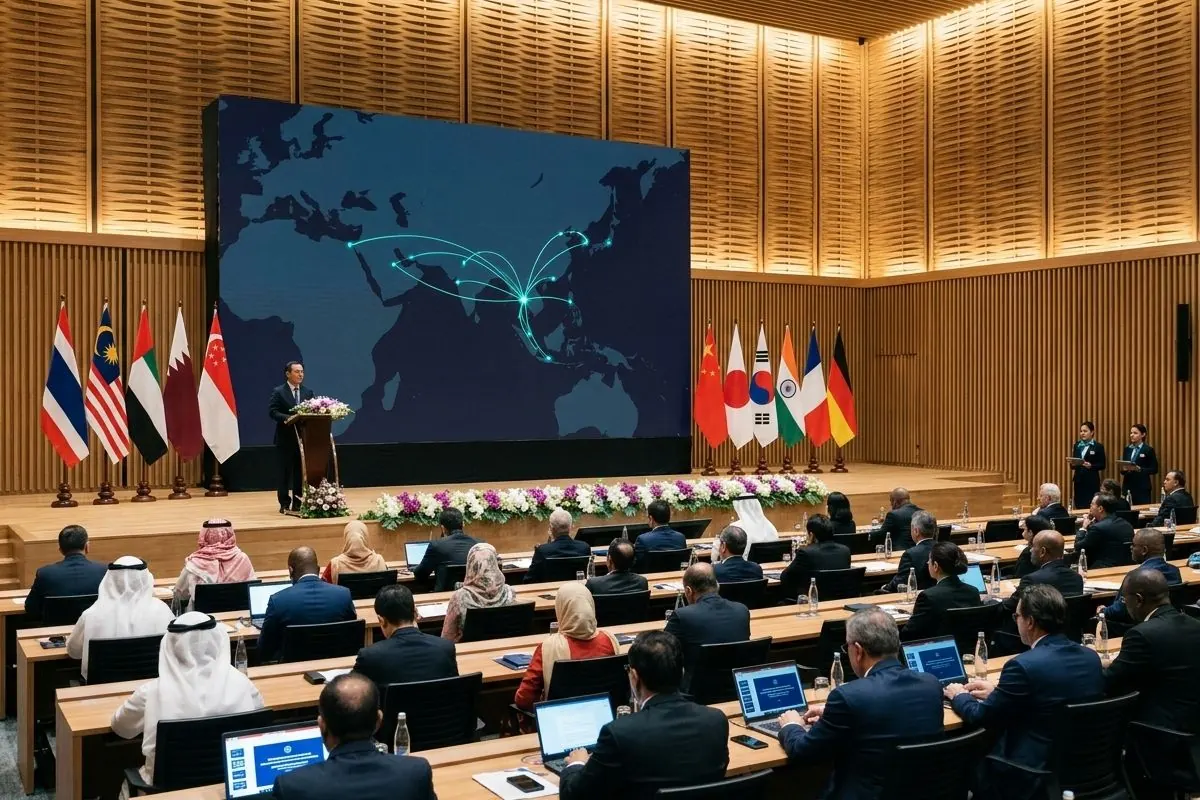 International delegates listen to a presentation in a large conference hall in Bangkok, with national flags on the stage.