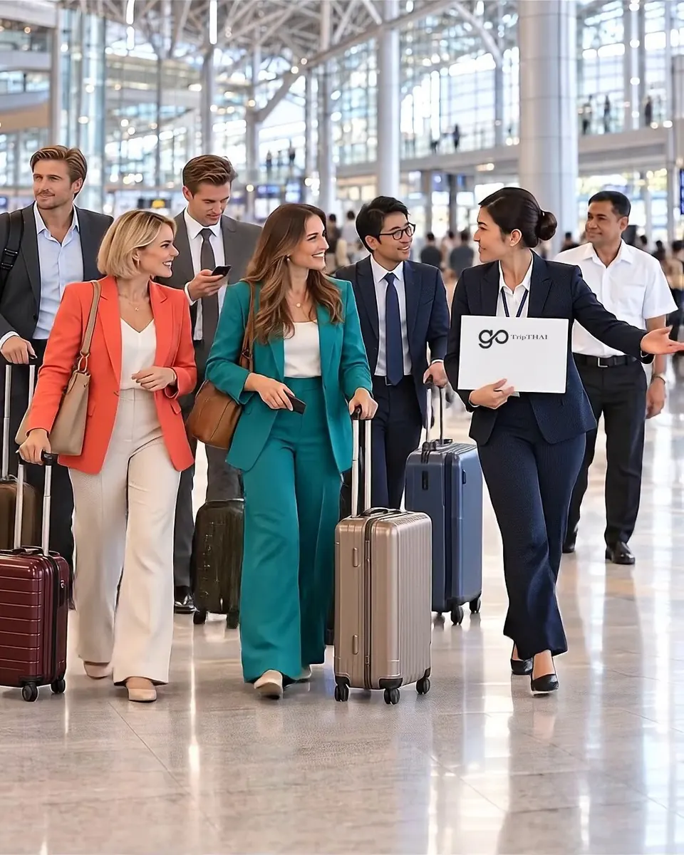 A coordinator in a navy suit with a lanyard and a Gotripthai sign welcomes international business travellers with their luggage in a Bangkok airport terminal.